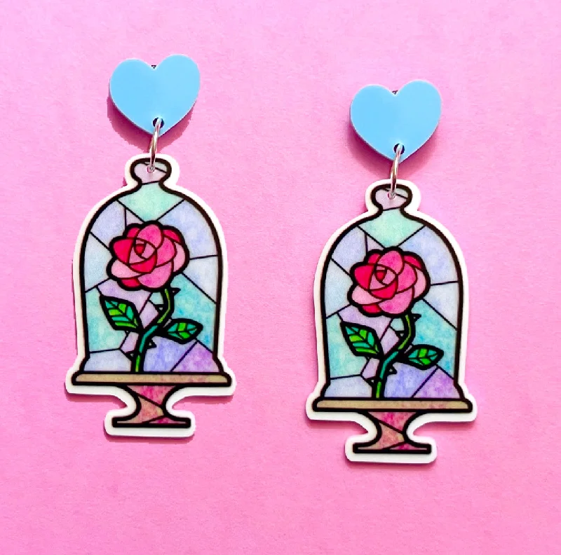 Enchanted Stained Glass Rose Inspired Drop Earrings