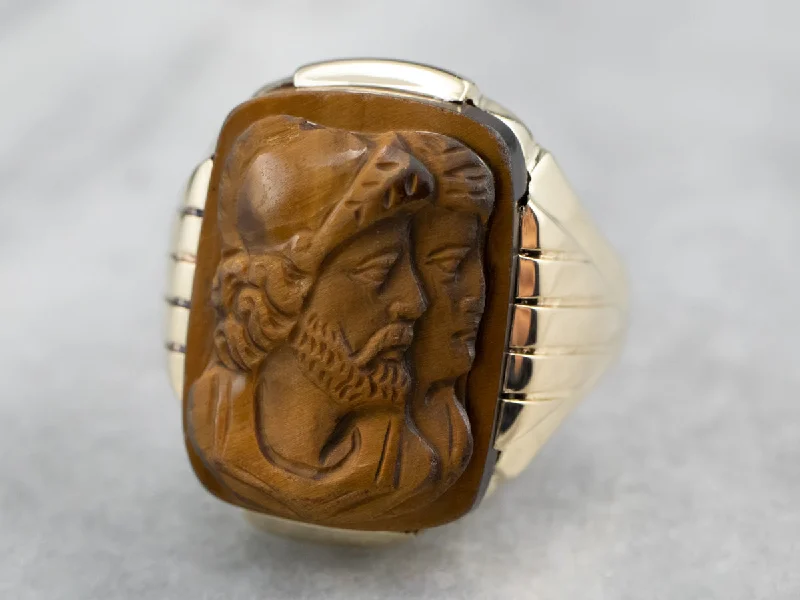 Men's 1930's Tiger's Eye Cameo Gold Ring