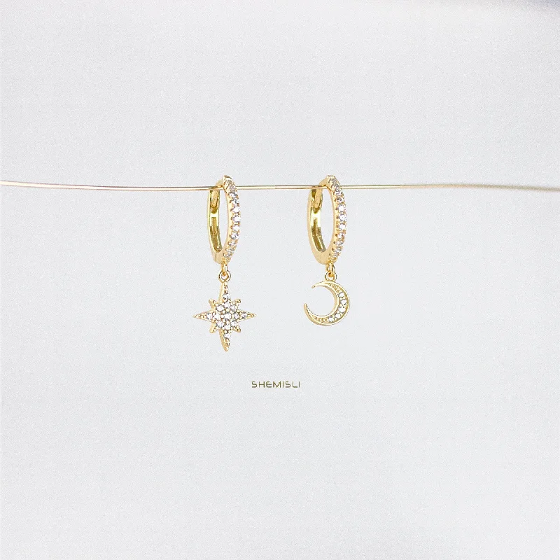 Mismatched Star Moon Hoop Earrings, Pave CZ Drop Huggies, Gold, Silver SHEMISLI - SH115