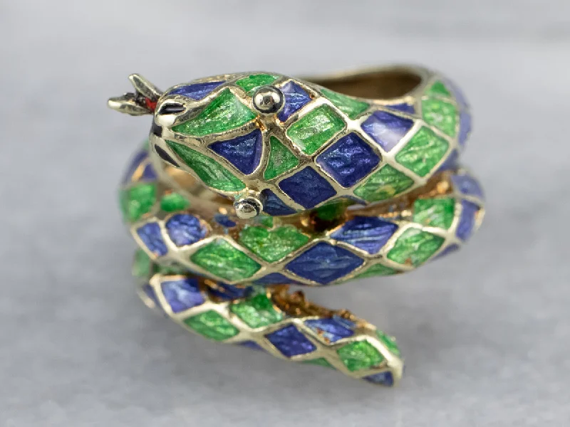 Modern Enamel and Gold Snake Ring