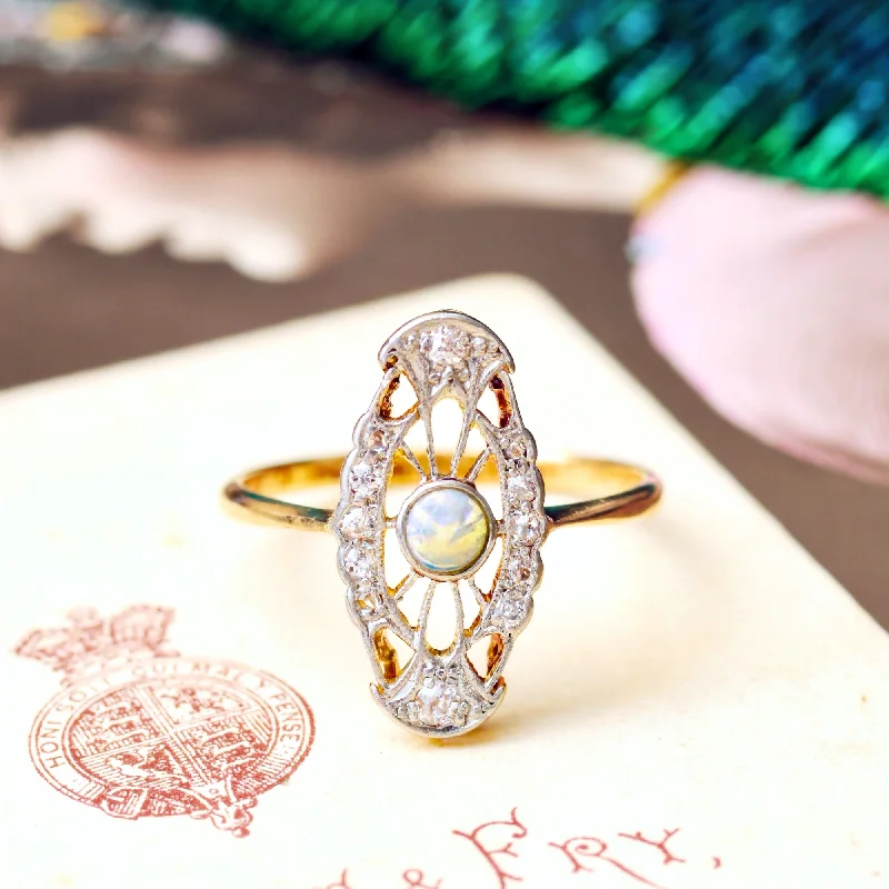 True Delight! An Antique Filigree Opal & Diamond Panel Ring