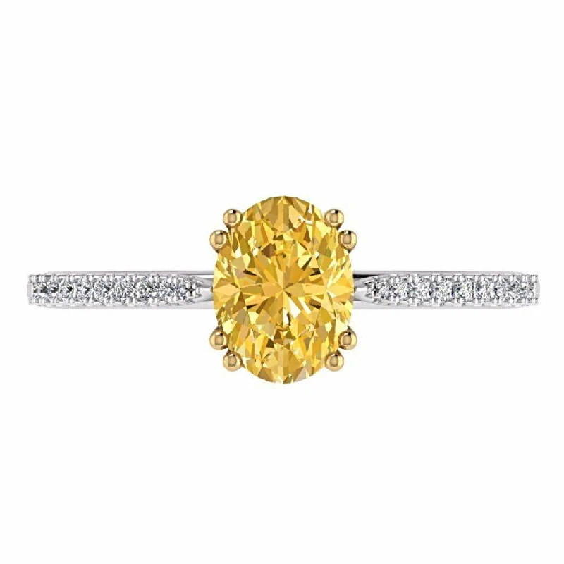 Oval Yellow Diamond Side Stone Ring 18K White Gold Setting