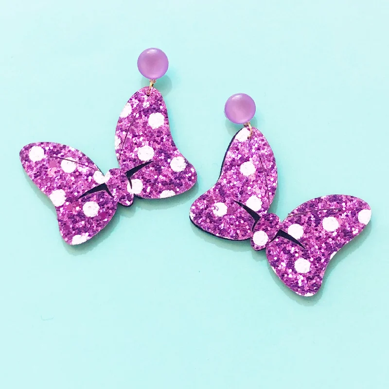 Pastel Lavender Purple Sparkle Polka Dot Bow Drop Earrings