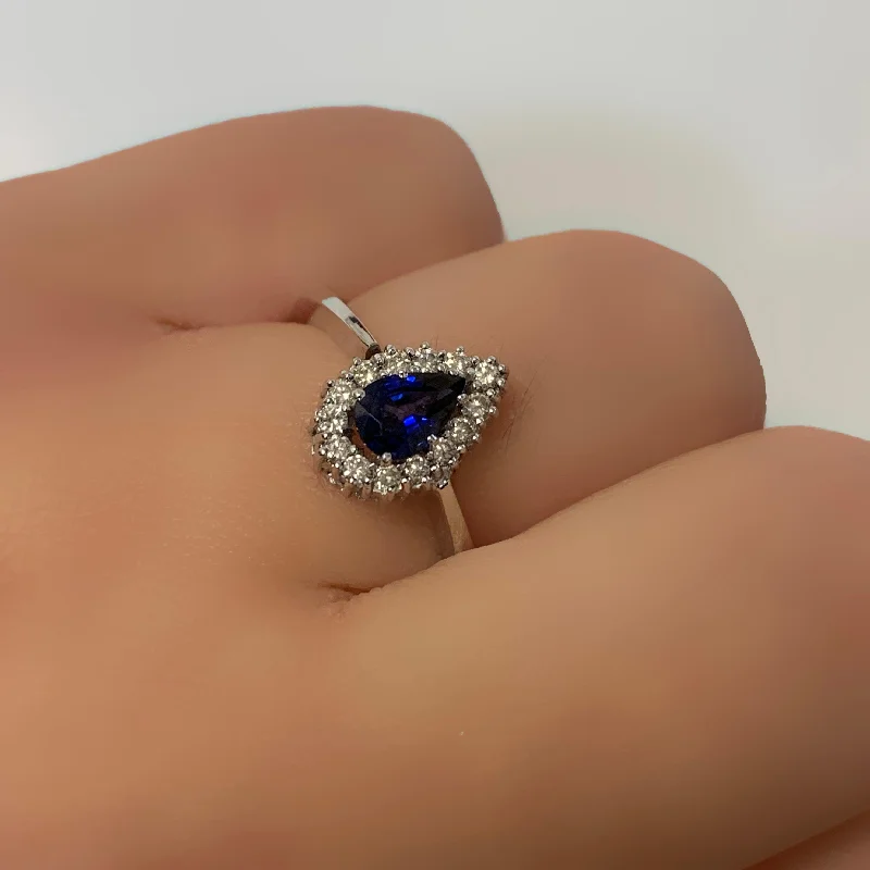 Pear Halo Blue Sapphire and Diamond Ring 18K White Gold