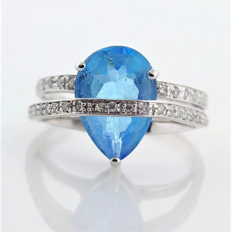 Pear Shaped Blue Topaz Diamond Ring 14K White Gold