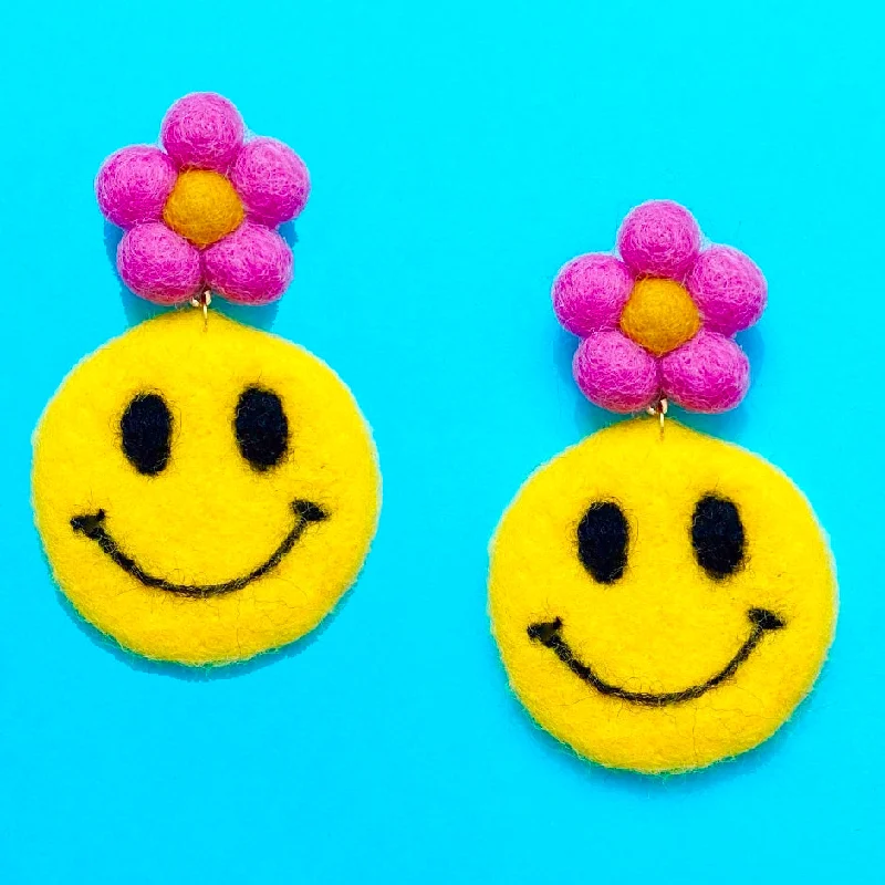 Pink Flower & Smiley Face Wool Felt Drop Earrings