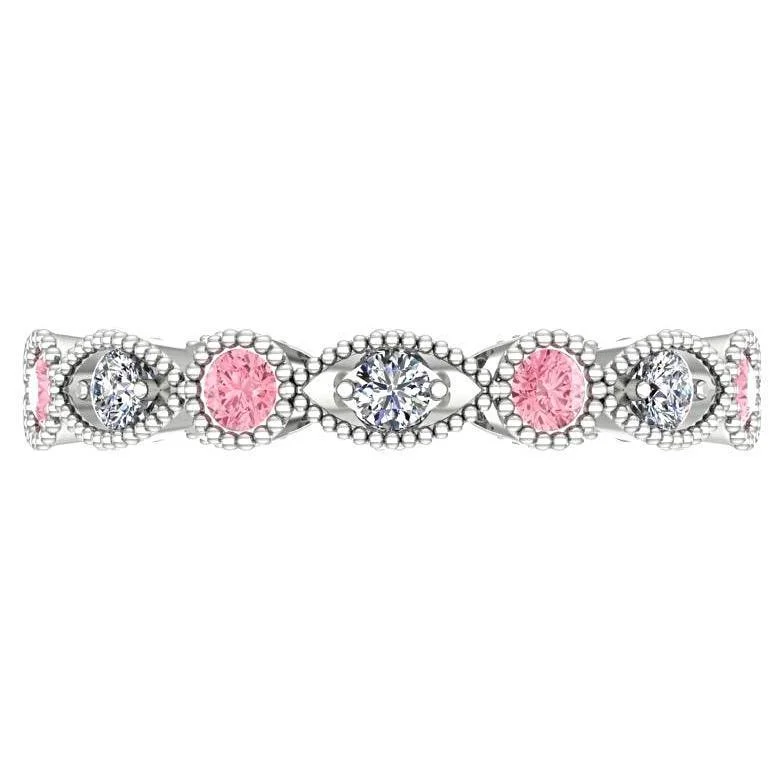 Pink Tourmaline and Diamond Milgrain Marquise and Dot Eternity Ring 14K White Gold