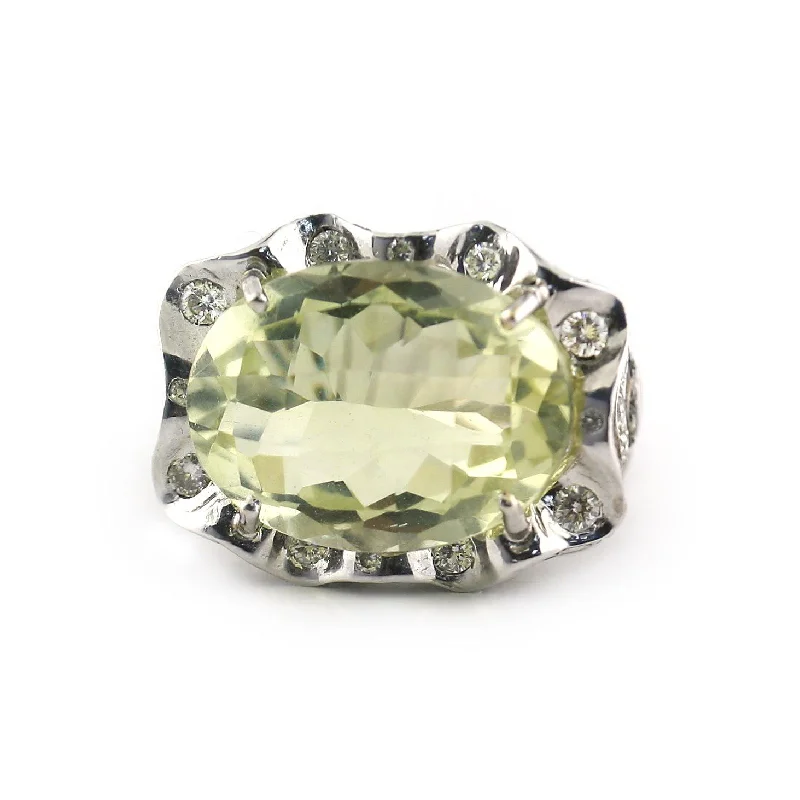 Prasiolite and Diamonds ring White Gold