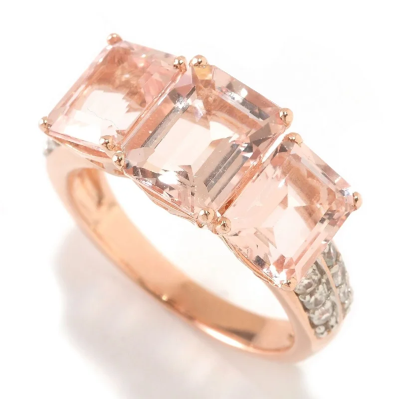 Rose Gold Over Sterling Silver Morganite and White Natural Zircon 3-Stone Ring