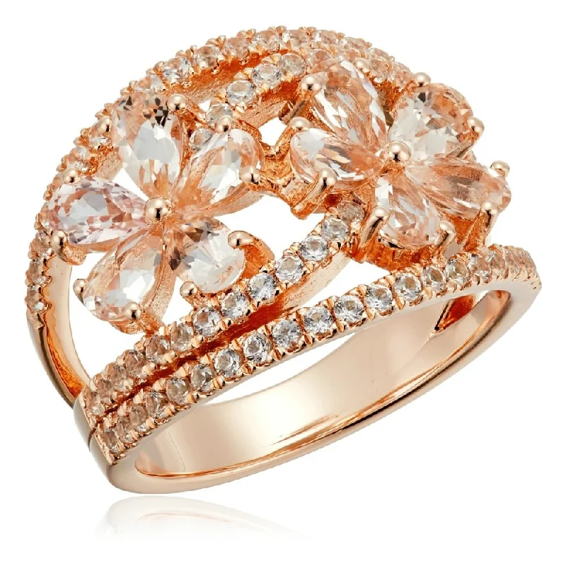 Rose Gold-plated Silver Morganite and Created White Sapphire Bypass Flower Ring, Size 7