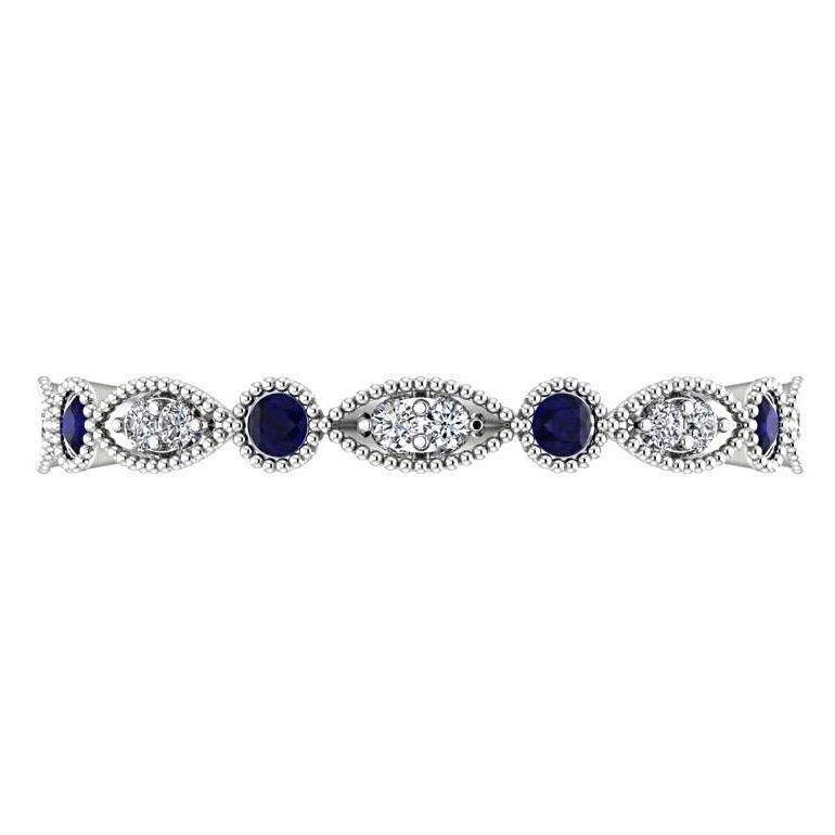 Sapphire and Diamond Milgrain Marquise and Dot Eternity Ring 14K White Gold