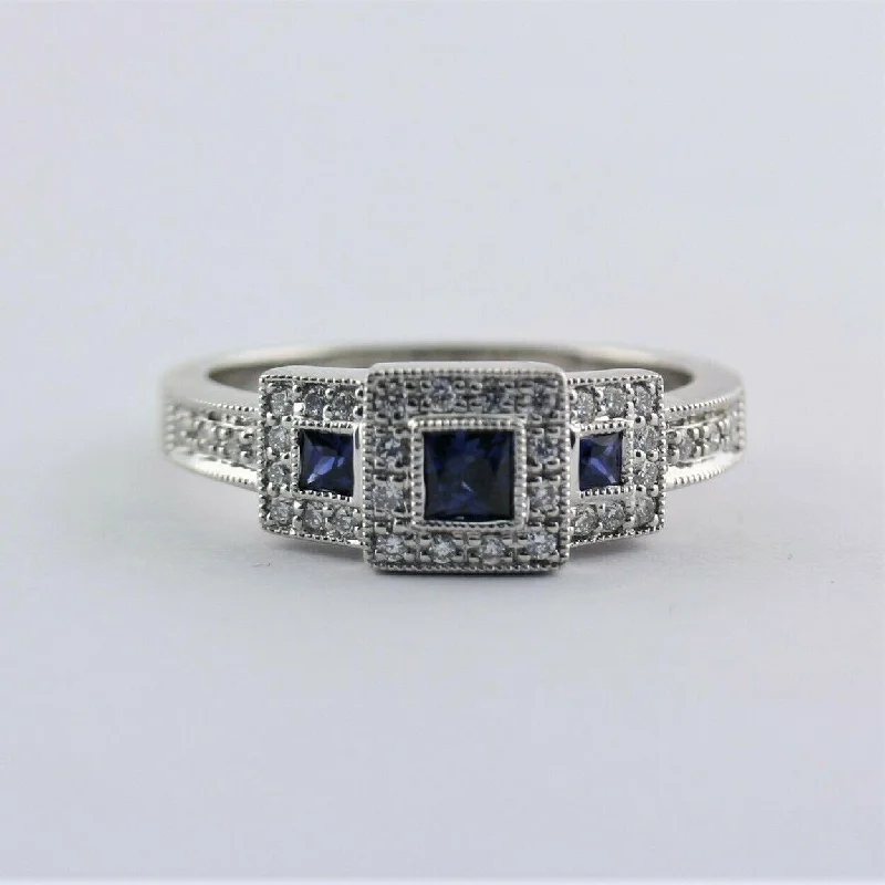 Square Halo Sapphire and Diamond Three Stone Ring 14K White Gold