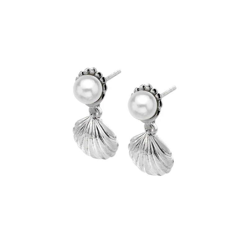 Sea Gems Silver Shell and Freshwater Pearl Stud Drop Earrings