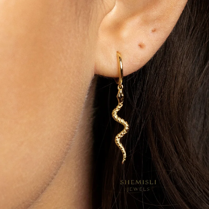 Long Serpent Dangle Hoop Earrings, Snake Huggies, Gold, Silver SHEMISLI - SH108 LR