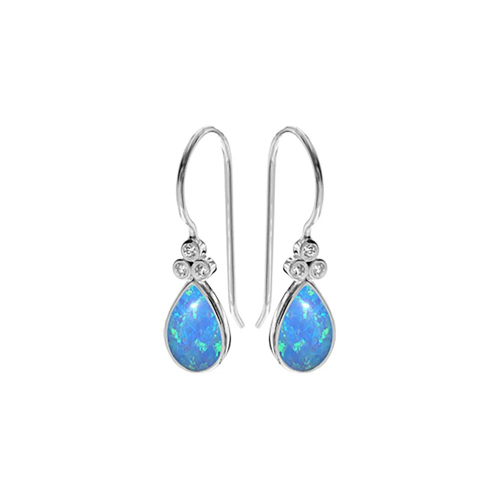 Silver Teardrop Blue Opalique and Triple Cubic Zirconia Earrings