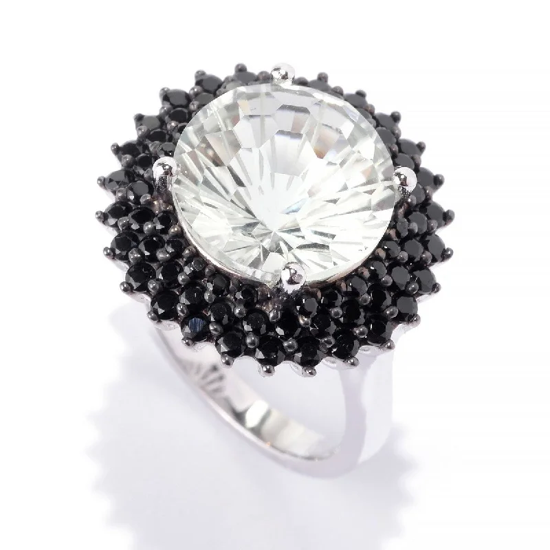 Ss/ 12Mm Round 6.21Ctw Green Amethyst & Black Spinel Halo Cocktail Ring