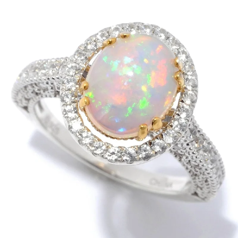 Sterling Silver 10 x 8mm Oval Ethiopian Opal & White Zircon Ring