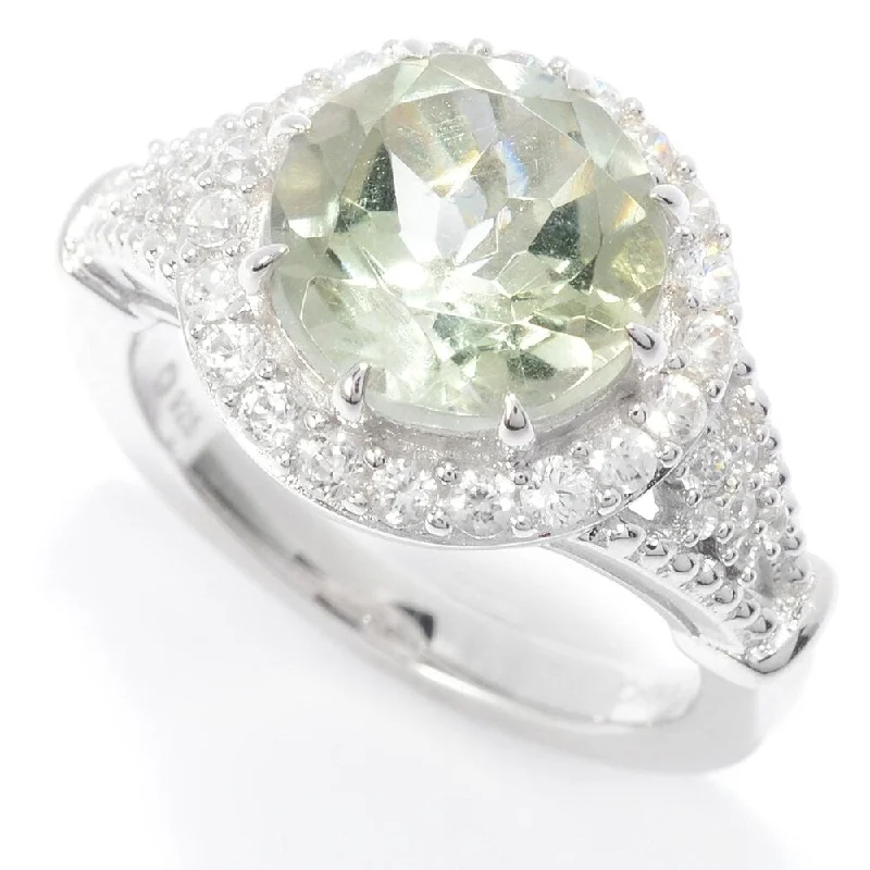 Sterling Silver 10mm Round Green Amethyst & White Zircon Halo Ring