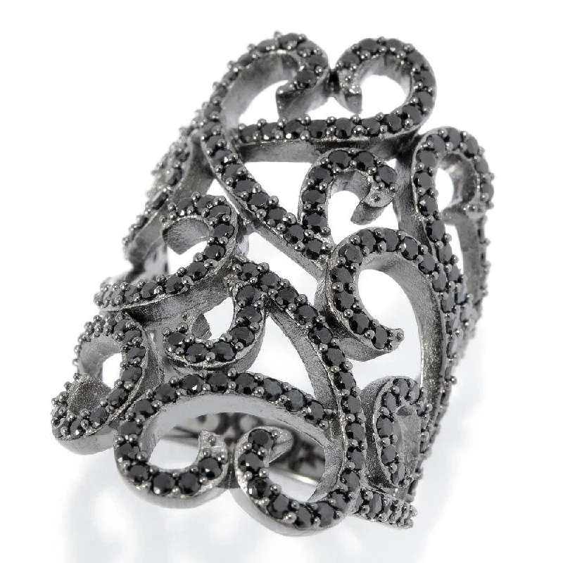 Sterling Silver 2.15ctw Black Spinel Scrollwork Ring