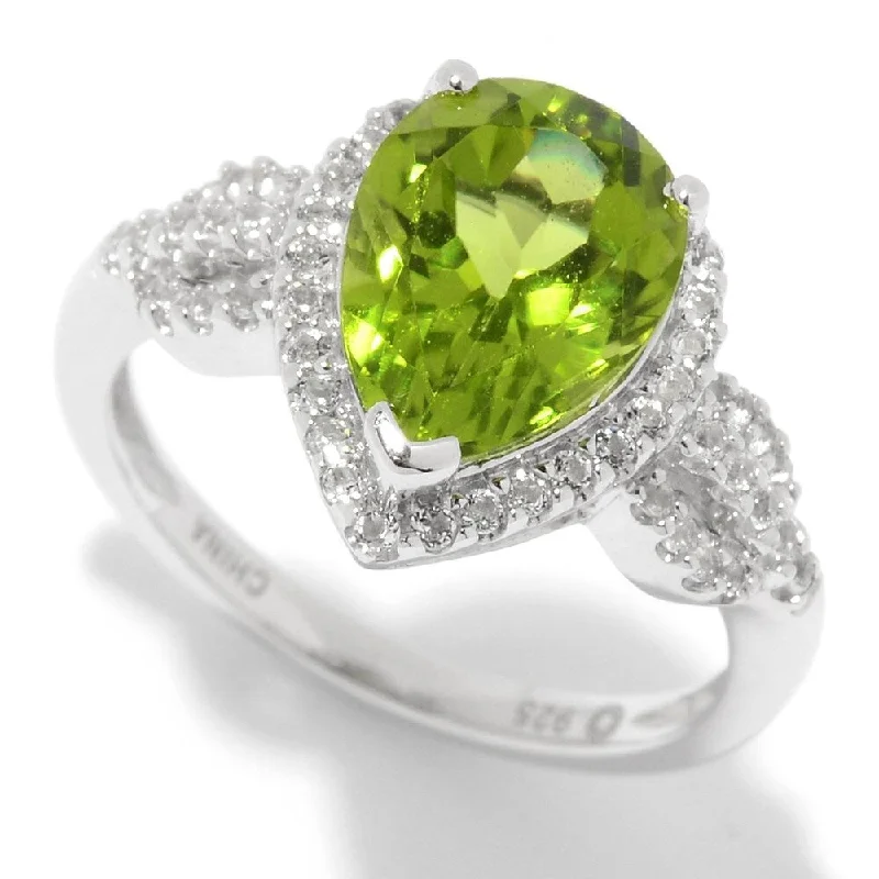 Sterling Silver 3.35ctw Pear Cut Peridot & White Topaz Halo Ring