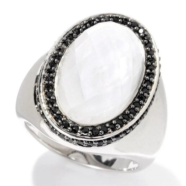 Sterling Silver 7ct TGW Oval White Quartz Cabochon and Black Spinel Ring