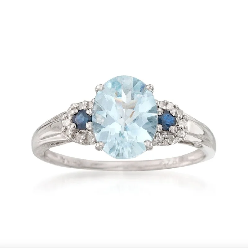 Sterling SIlver 925 Aquamarine,Blue Sapphire,Diamond Solitaire w/ accent Ring