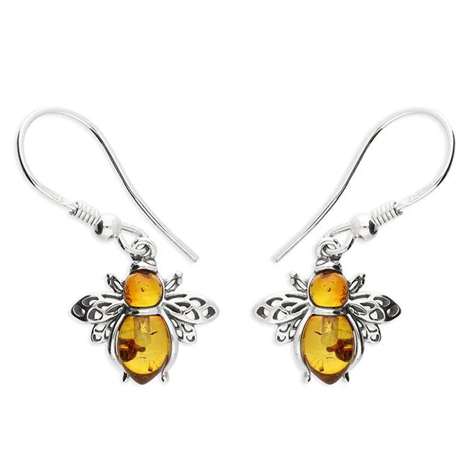 Sterling Silver Amber Bee Drop Earrings