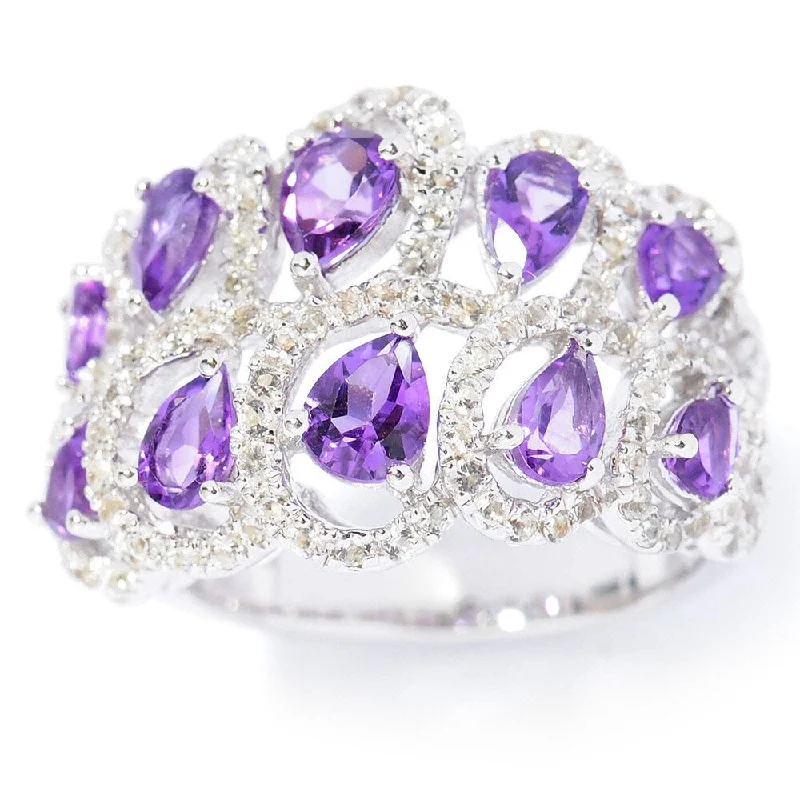 Sterling Silver Amethyst and White Topaz Two-row Swirl Ring