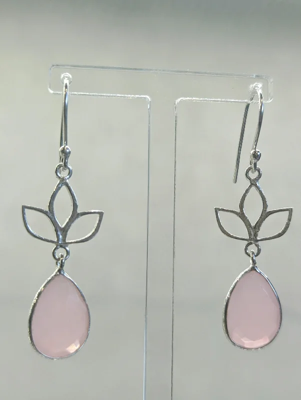 Lotus Flower Drop Earrings Pink Chalcedony