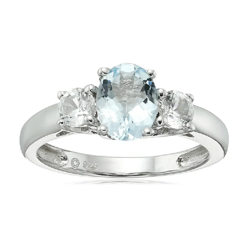 Sterling Silver Aquamarine & Created White Sapphire Ring, Size 7 - Blue