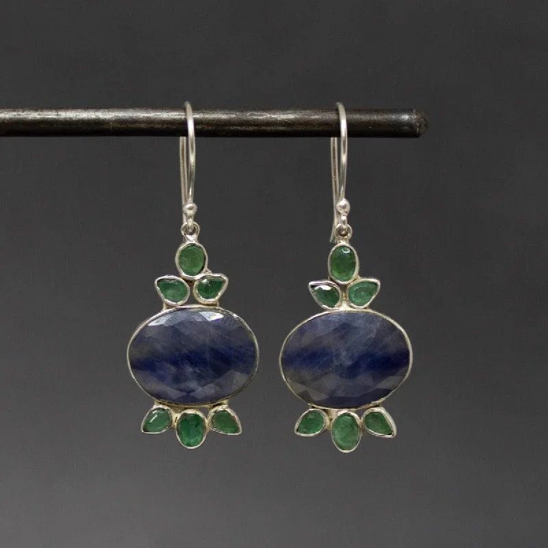 Silver Blue Sapphire and Emerald Drop Earrings