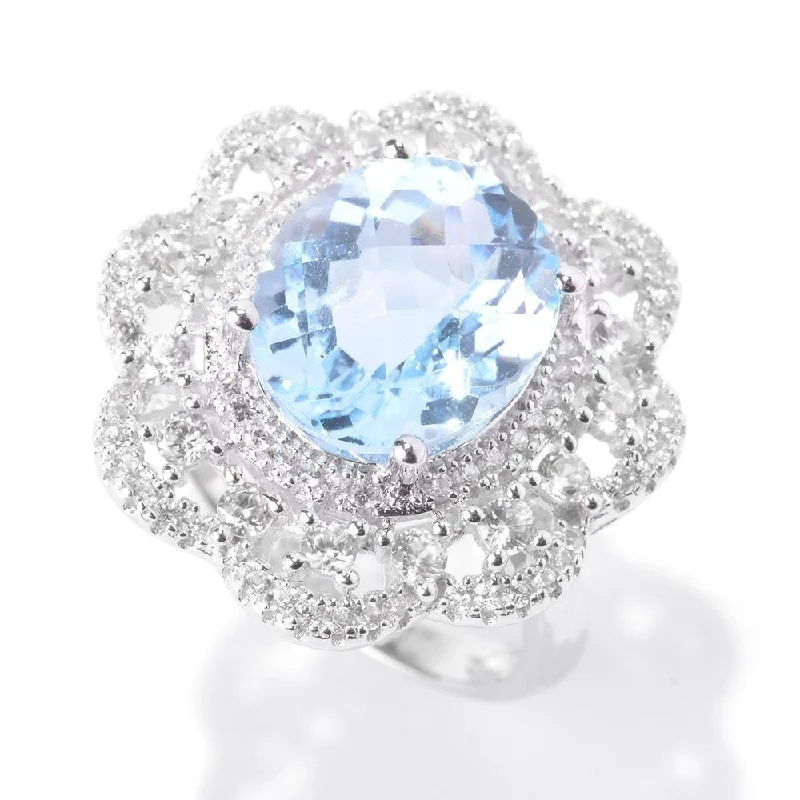 Sterling Silver Blue Topaz Zircon Flower Halo Ring