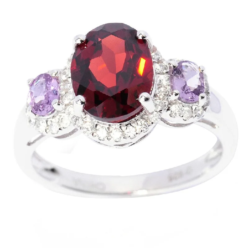 Sterling Silver Garnet Purple Sapphire and White Zircon Ring