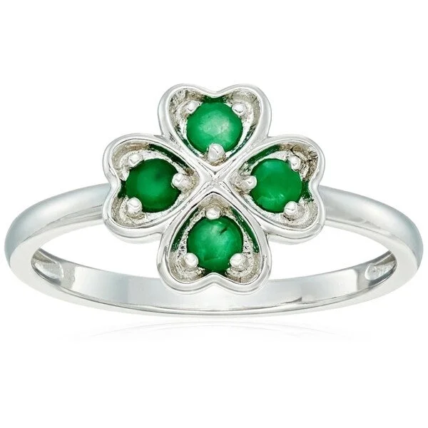 Sterling Silver Genuine Emerald Clover Ring, Size 7 - Green