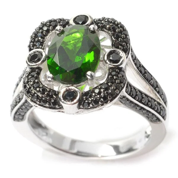 Sterling Silver Oval Chrome Diopside Black Spinel Ring