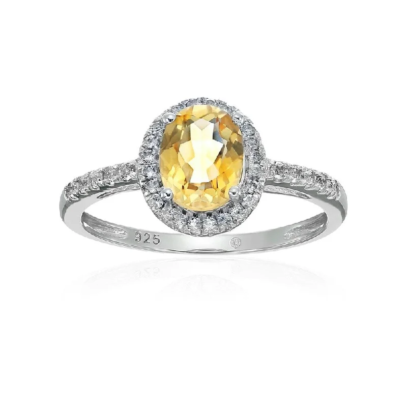 Sterling Silver Oval Citrine & White Topaz Halo Engagement Ring