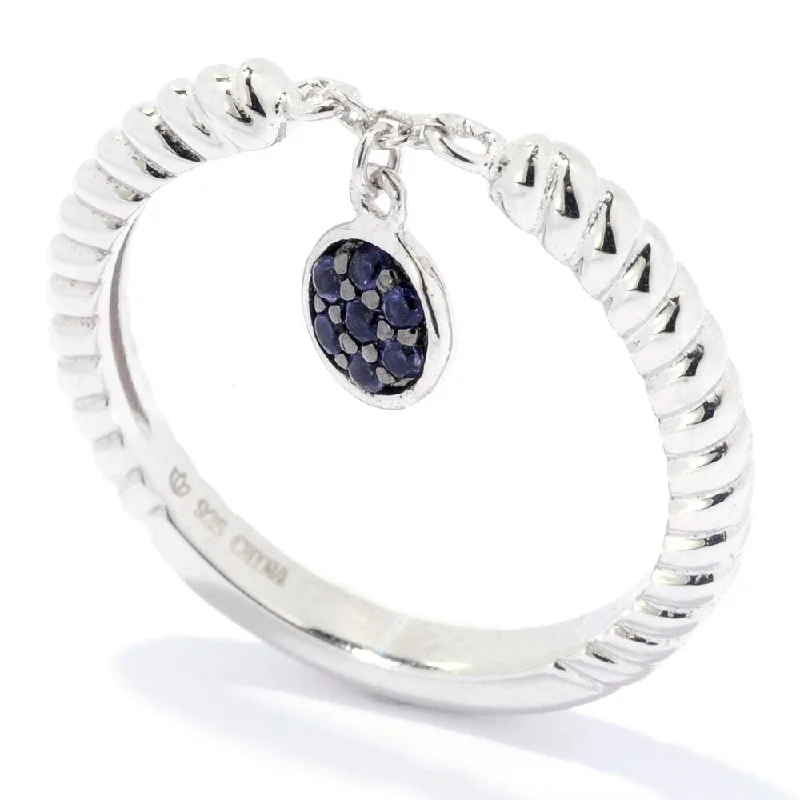 Sterling Silver Round Iolite Dangle Charm Stack Band Ring