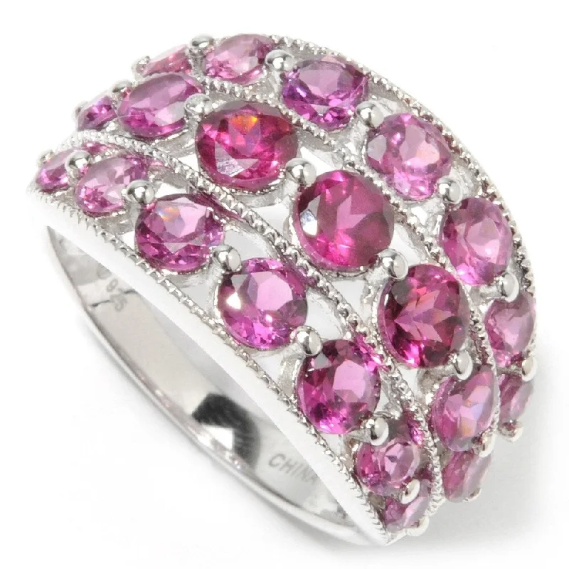 Sterling Silver Three-row Round-cut Rhodolite Ring