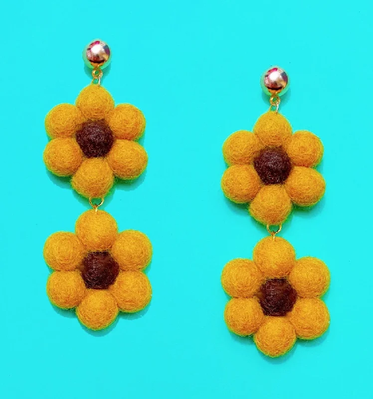 Sunflower Wool Felt Double Flower Drop Earrings