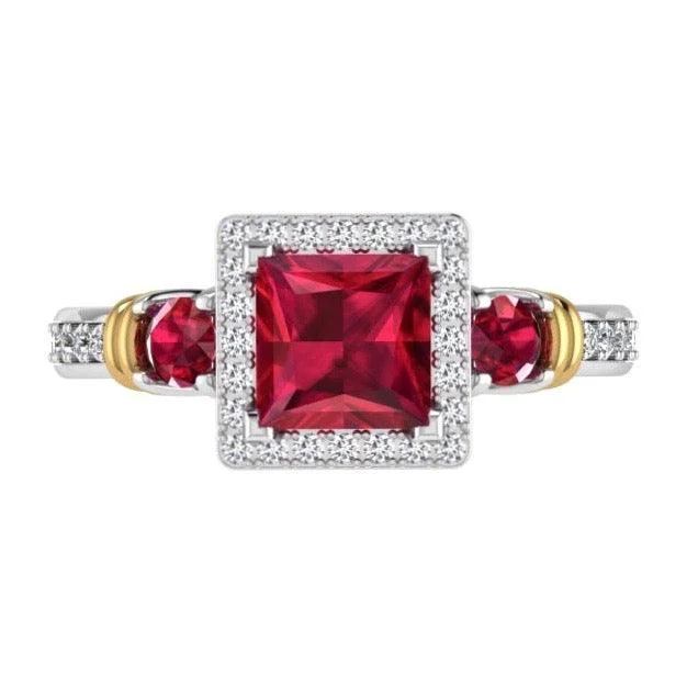 Three Stone Ruby and Diamond Halo Ring 14K Gold