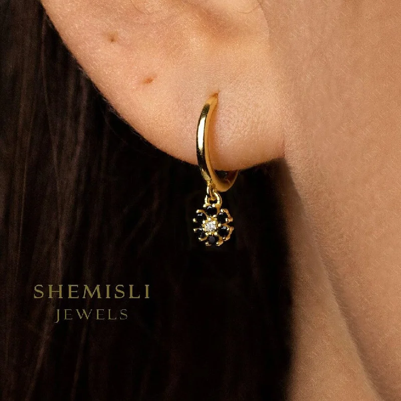 Tiny Black Flower CZ Drop Hoop Earrings, Flower Dangle Huggies, Gold, Silver SHEMISLI SH534