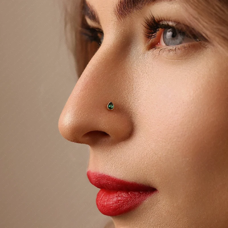 Tiny Teardrop Emerald Threadless Flat Back Nose Stud, 20,18,16ga, 5-10mm Surgical Steel SHEMISLI SS595