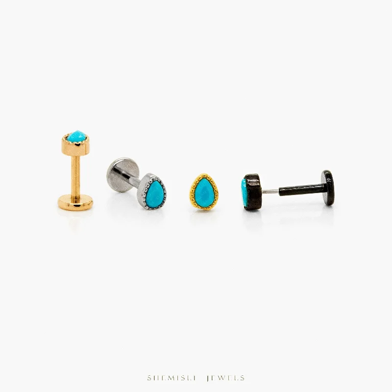 Tiny Teardrop Turquoise Threadless Flat Back Earrings, 20,18,16ga, 5-10mm Unisex, Surgical Steel SHEMISLI SS596