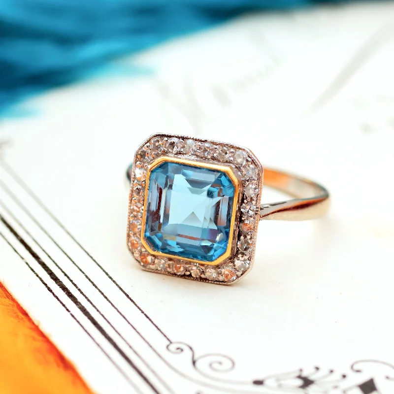 Sensational Vintage Art Deco Blue Topaz & Diamond Ring