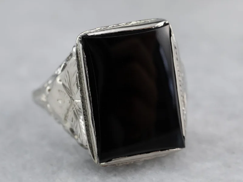 Vintage Black Onyx White Gold Filigree Ring