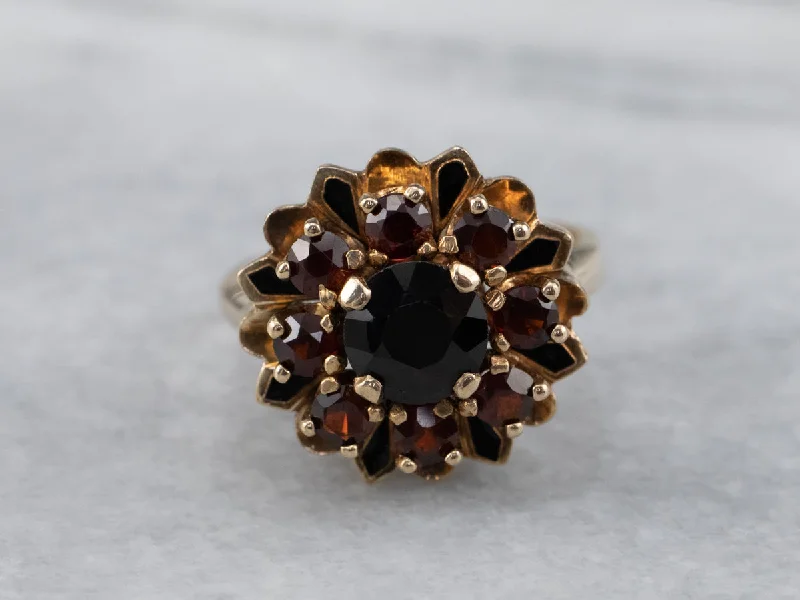 Vintage Garnet Black Enamel Halo Ring