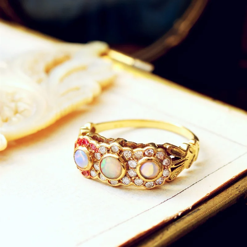 Vintage 1980's Crystal Opal & Diamond Flowerette Ring