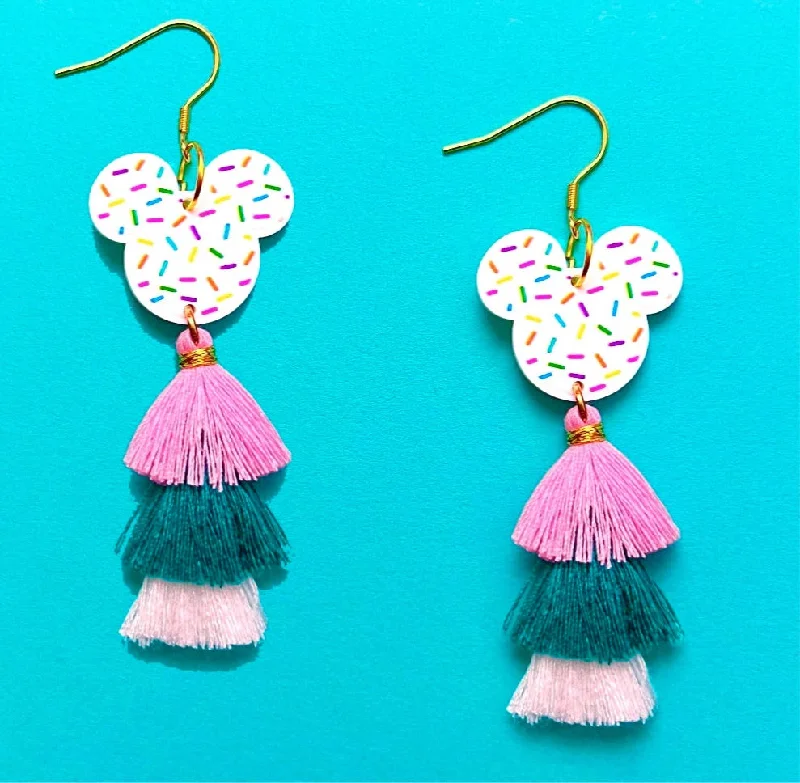 White Sprinkles Mouse Tassel Drop Earrings