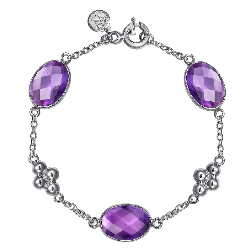 7" Sterling Silver Amethyst Station Bracelet