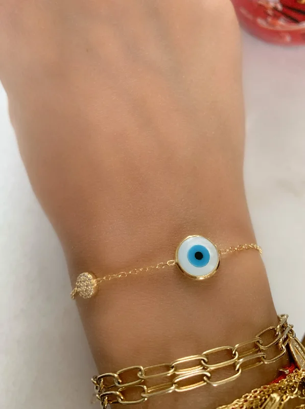 Mother of Pearl Evil Eye with Crystal Disc Bracelet